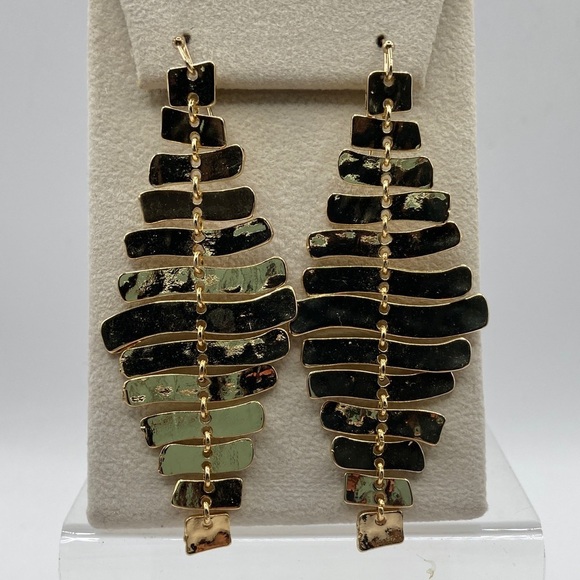 None Jewelry - Gold Tone Fishbone Ladder Dangle Earrings Whimsygoth Wedding Guest 3”L